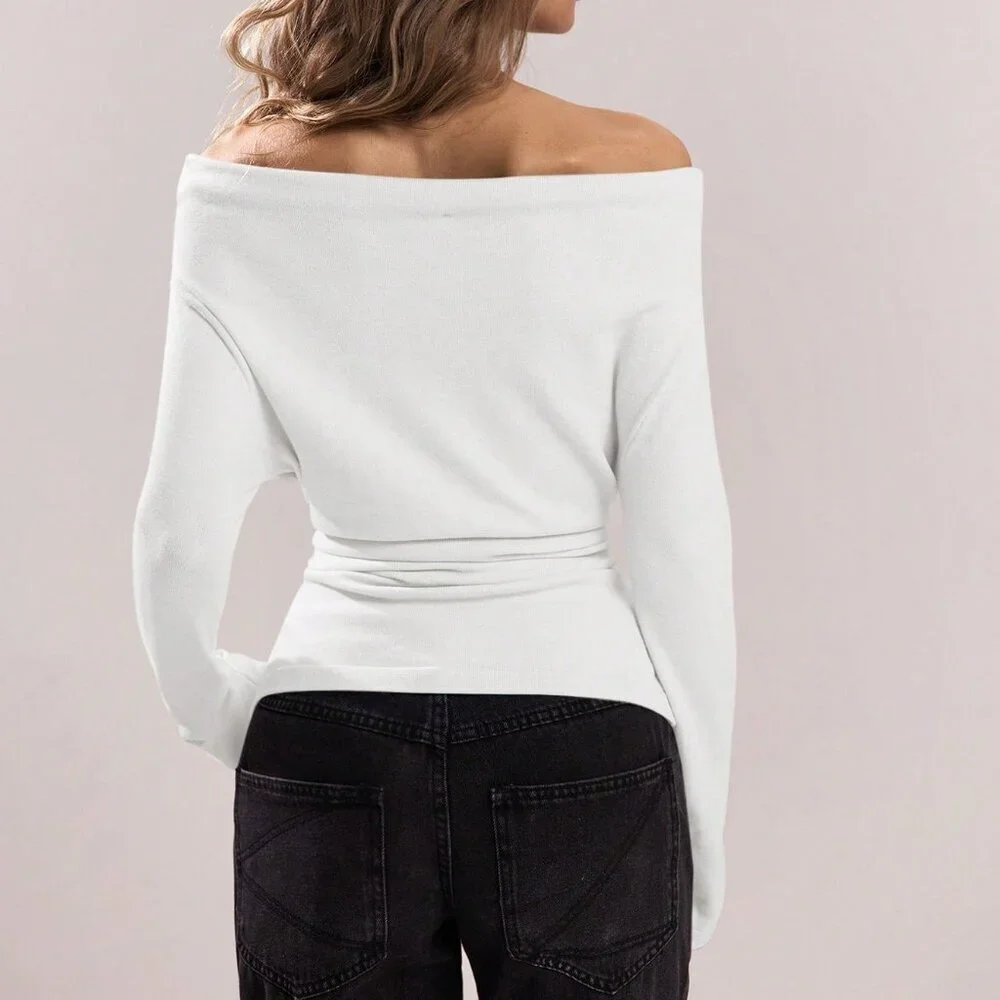 White Casual Women's Elegant Off Shoulder Long Sleeve Twist Front Sweater